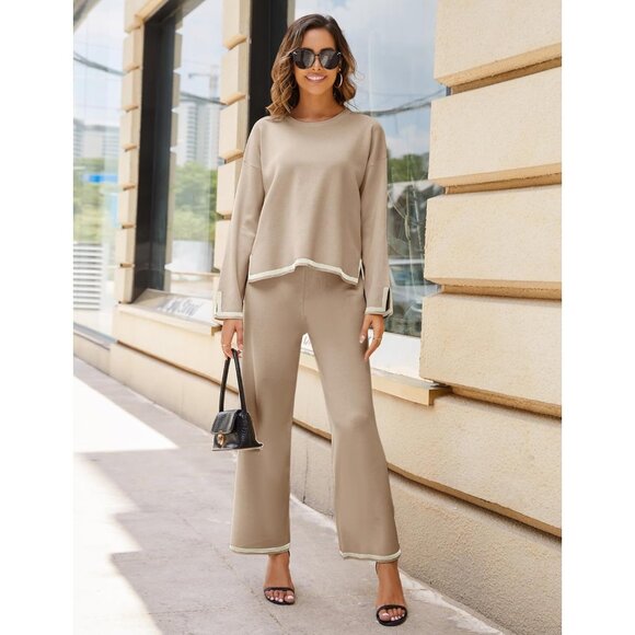 Women's Khaki Long Sleeve Knit Sweater Top & Wide Leg Pants Lounge Set - Picture 2 of 6